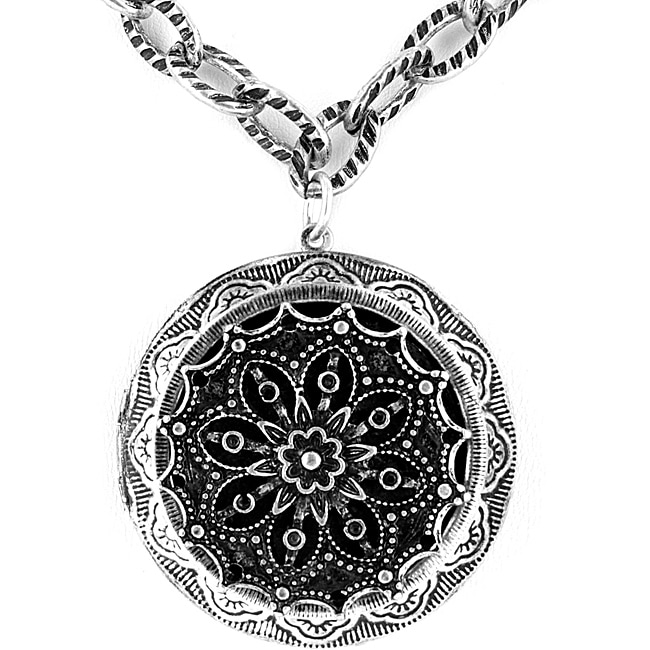 Antiqued Large Oxidized Silver Locket with Mirror Pendant Necklace