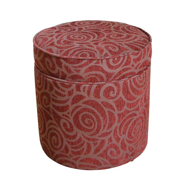 Round Red Chenille Swirl on Brown Storage Ottoman  