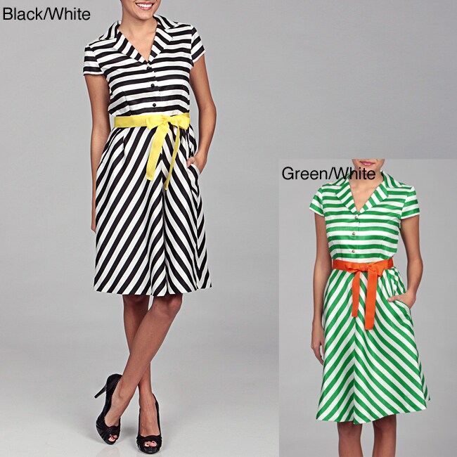 Calvin Klein Womens Black/ White Stripe Belted Dress  