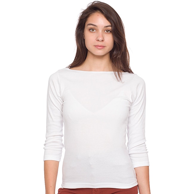   Womens White Baby Rib 3/4 length Sleeve Boat Neck Top  