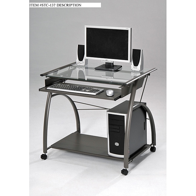 Glass And Metal Computer Desk (GreyMaterials Metal, glassFinish Grey Glass Clear glass topType of desk ComputerNumber of shelves Pullout shelf for keyboard, bottom shelf for CPUDimensions 30 inches high x 32 inches wide x 24 inches deep Assembly req