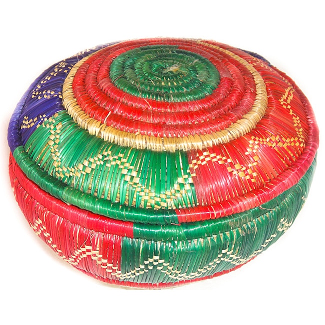 Medium Red, Green and Purple Circular Wicker Basket (Ethiopia 