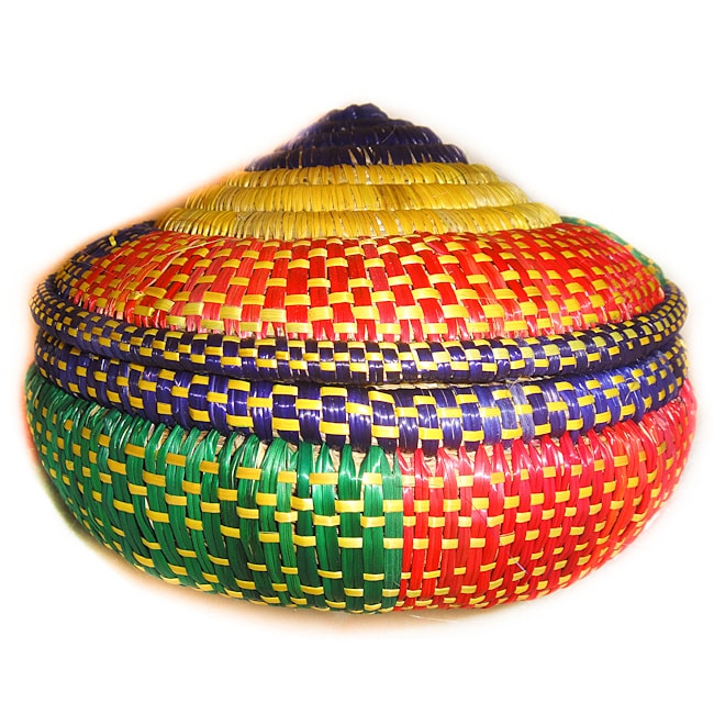 Multi Colored Circular Lid Wicker Basket (Ethiopia 