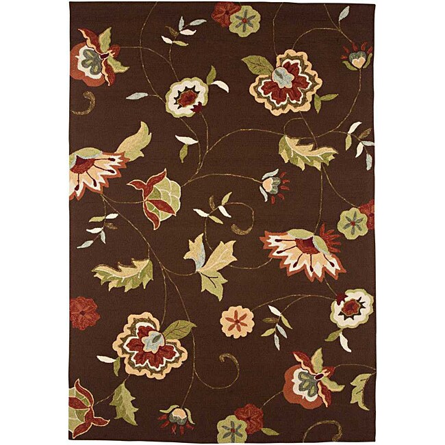 Hand-Hooked Brown/ Red Floral Rug (2' x 3')