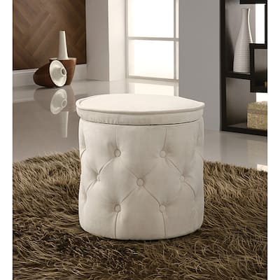 Tufted Fabric Beige Round Storage Ottoman