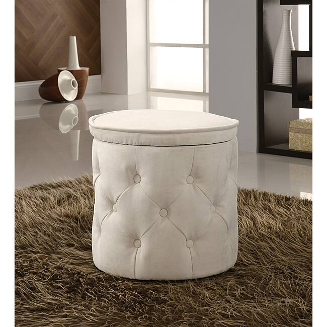 Tufted Fabric Beige Round Storage Ottoman