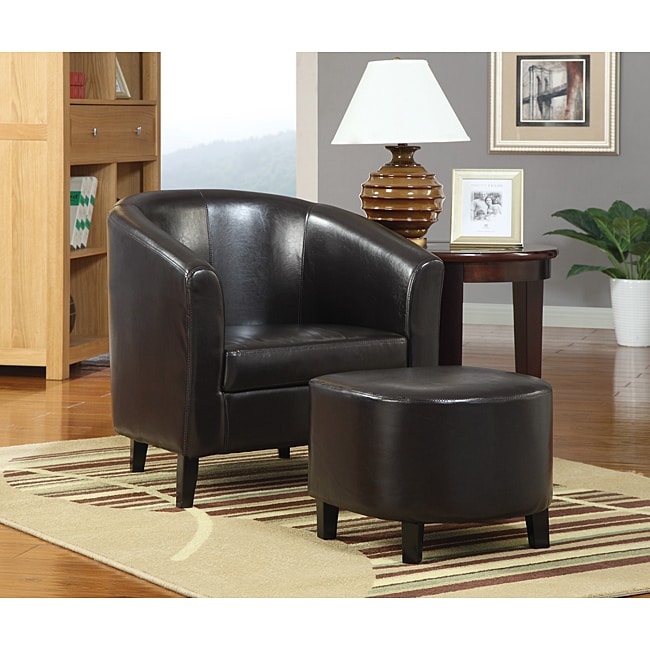 Barrel Dark Brown Leather Accent Club Chair and Ottoman - Free Shipping