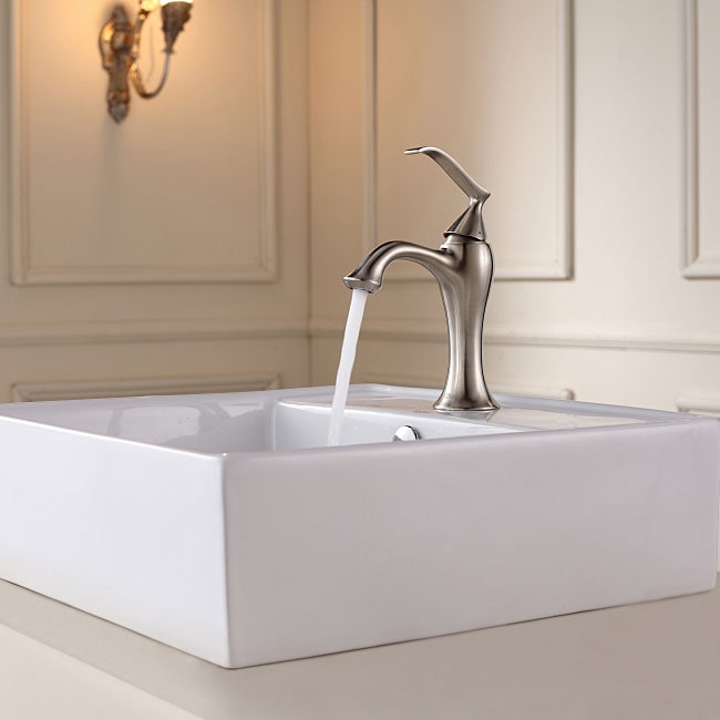 Kraus White Square Ceramic Sink and Ventus Basin Faucet Brushed Nickel