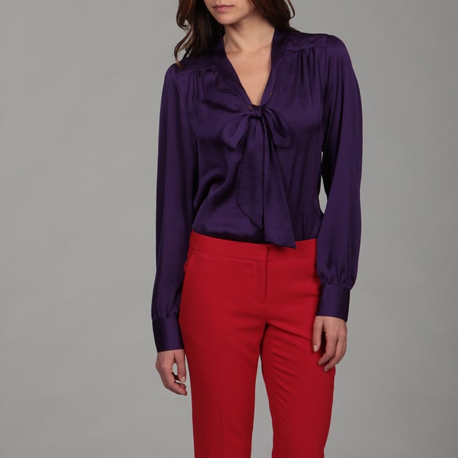 Vince Camuto Womens Persian Plum Tie Detail Long Sleeve Top