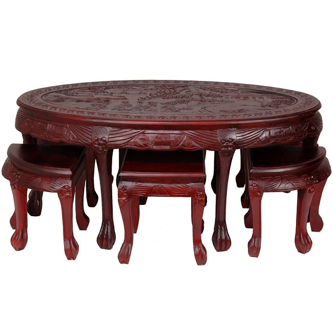 Carved Oval Coffee Table with Stools (China)  