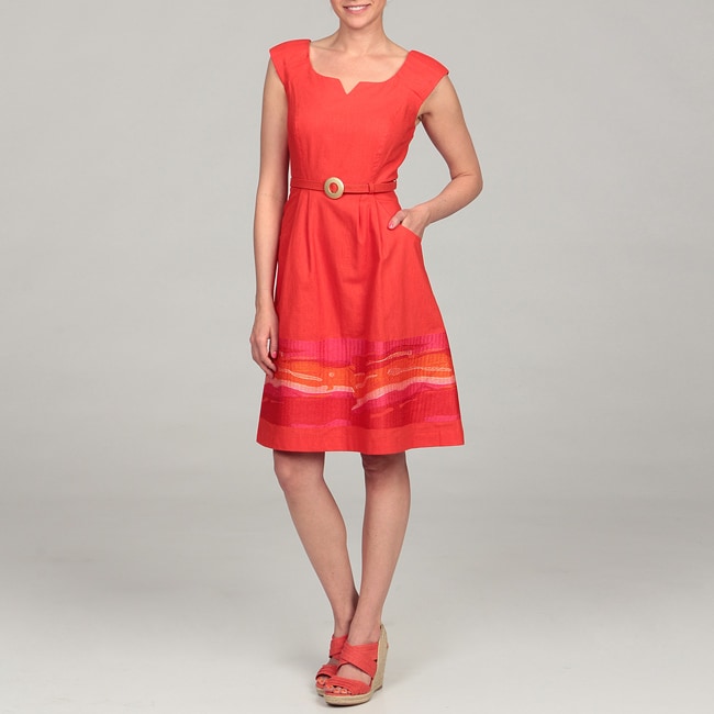 Chetta B Womens Orange Embroidered Hem Belted Dress 