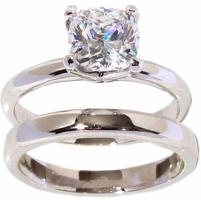 Silvertone Cushion cut Solitaire Ring and Band
