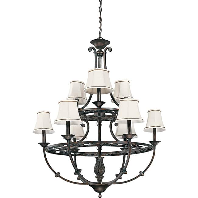 Pickford Chandelier 9-light Distressed Bronze Finish with Natural Linen Shades