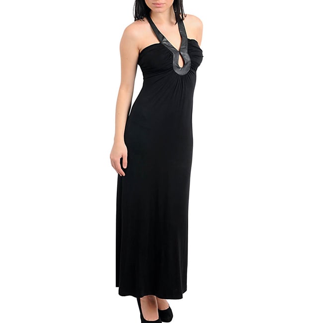 Stanzino Womens Black Faux Leather Halter Maxi Dress