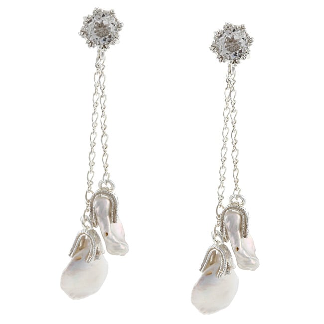   Sterling Silver, White Topaz and Mother of Pearl Dangle Earrings