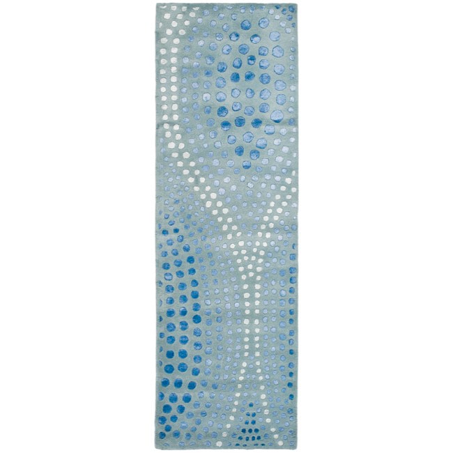 Handmade Deco Wave Light Blue New Zealand Wool Rug (26 X 12)