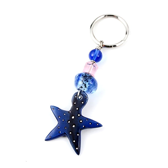 Colorful Kenyan Blue Star Soapstone Key Ring (Kenya 