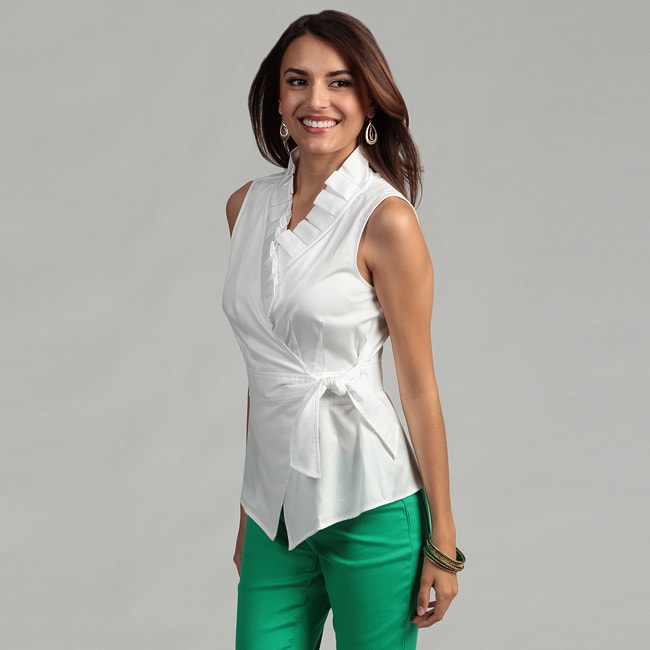 Kasper Womens White Pleated Neck Tie Waist Top Was $49 