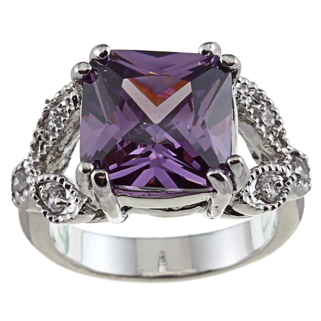 Silvertone Purple and Clear Cubic Zirconia Openwork Pave Ring