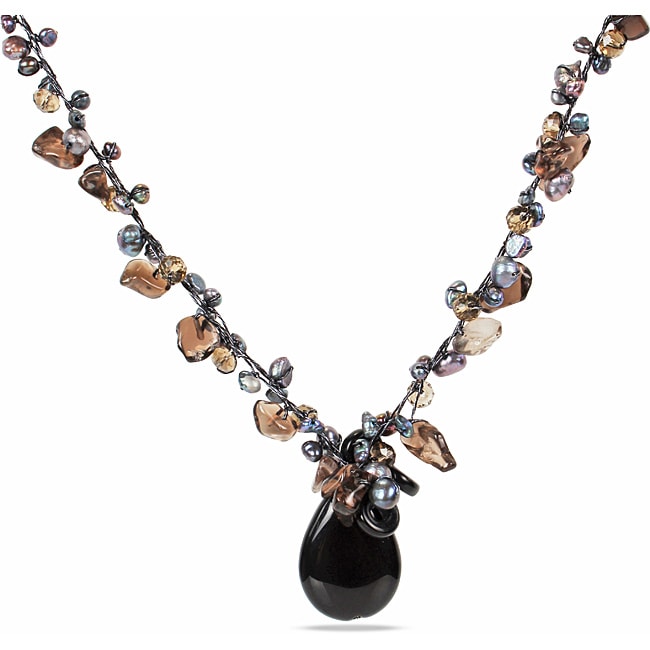 Black Agate, FW Pearl and Smokey Quartz Necklace (4 9 mm 