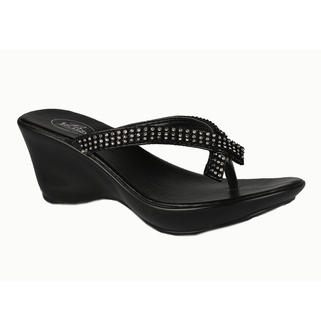 Bolaro by Beston Women's Black Wedge Thong Sandals - Free Shipping On ...