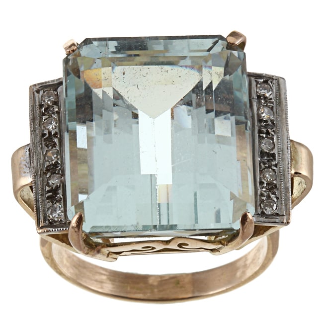 18k Gold Art Deco Aquamarine and 1/3ct TDW Diamond Estate Ring (I J