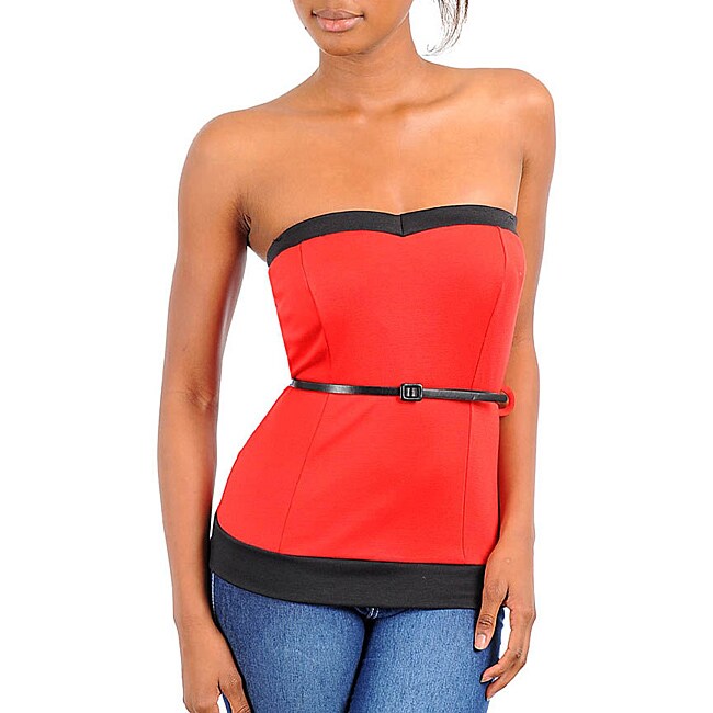 Stanzino Womens Red Black Strapless Top With Skinny Belt Detail Was 