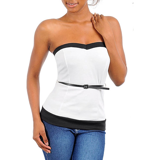 Stanzino Womens White Black Strapless Top With Skinny Belt Detail 