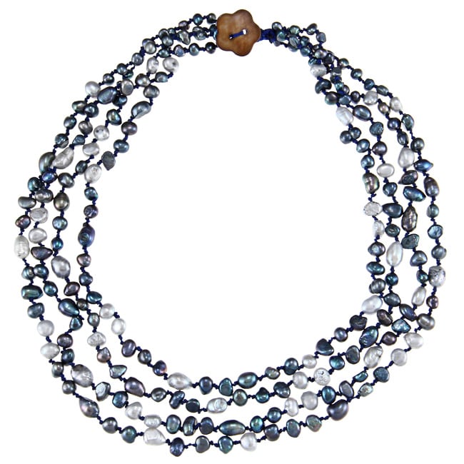 Blue, Grey and Peacock Freshwater Pearl Multi strand Necklace (4 9 mm 