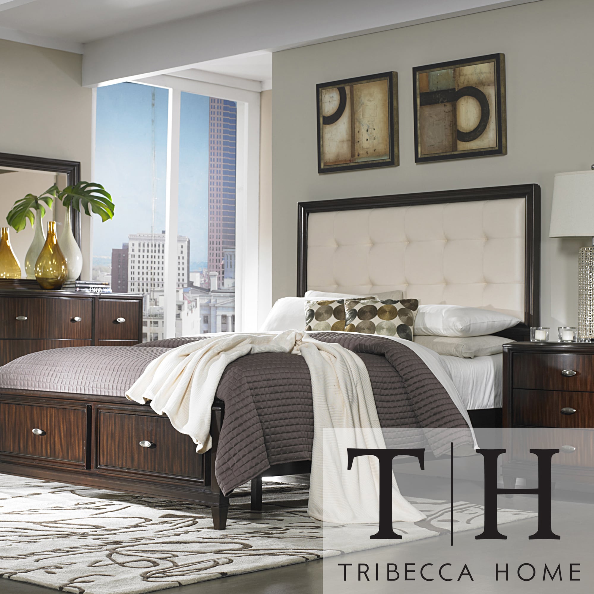 Tribecca Home Cumbria Cream Linen 5 piece Queen size Storage Platform Bedroom Set