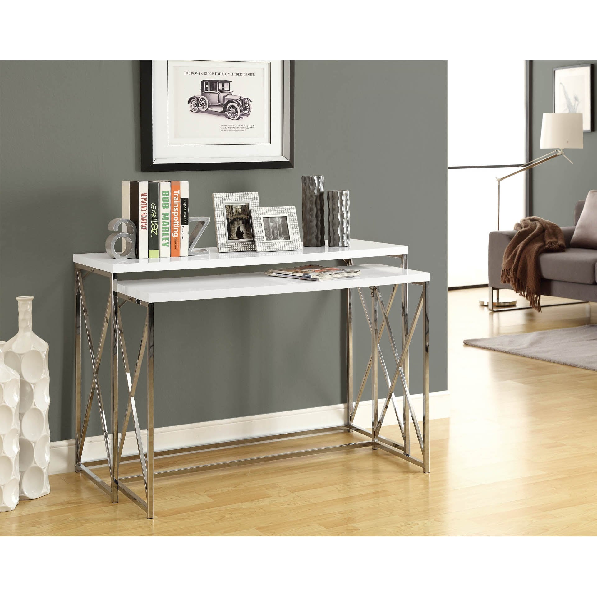 Glossy White/ Chrome Metal 2-piece Console Table Set ...