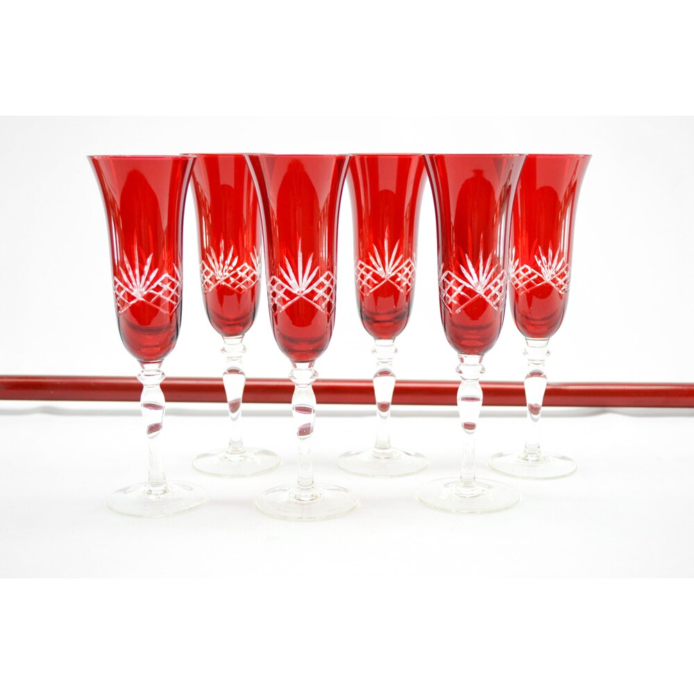 Crystal Red With Clear Etching Champagne Flute Glass Set (Set of 6)