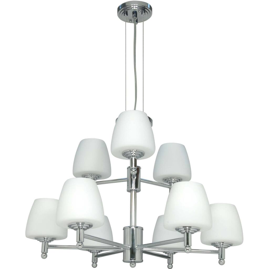 Galileo 9 Light Halogen Chandelier Polished Chrome with Satin White Glass