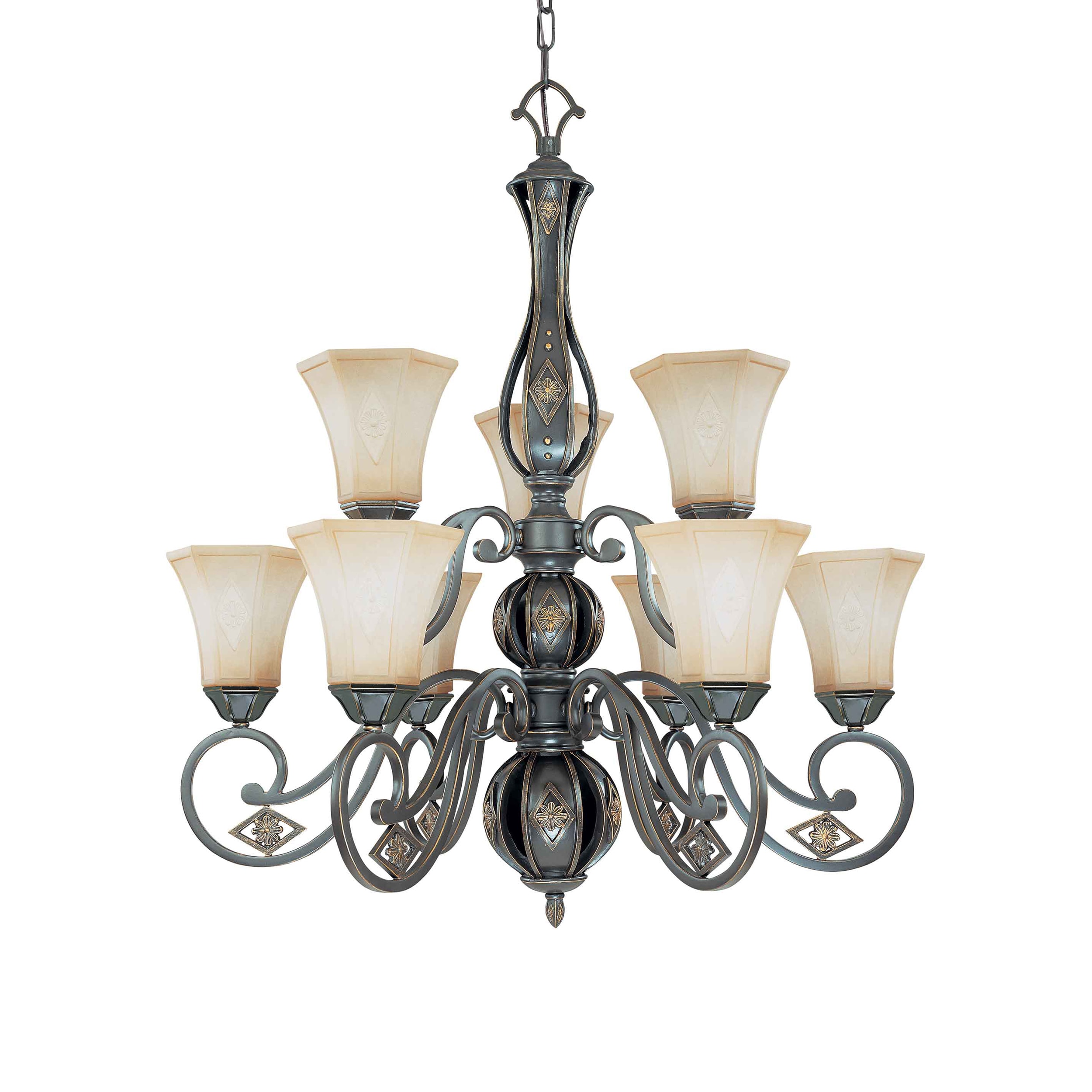 Brussells 9 Light 2 Tier Chandelier Belgium Bronze with Fresco Glass