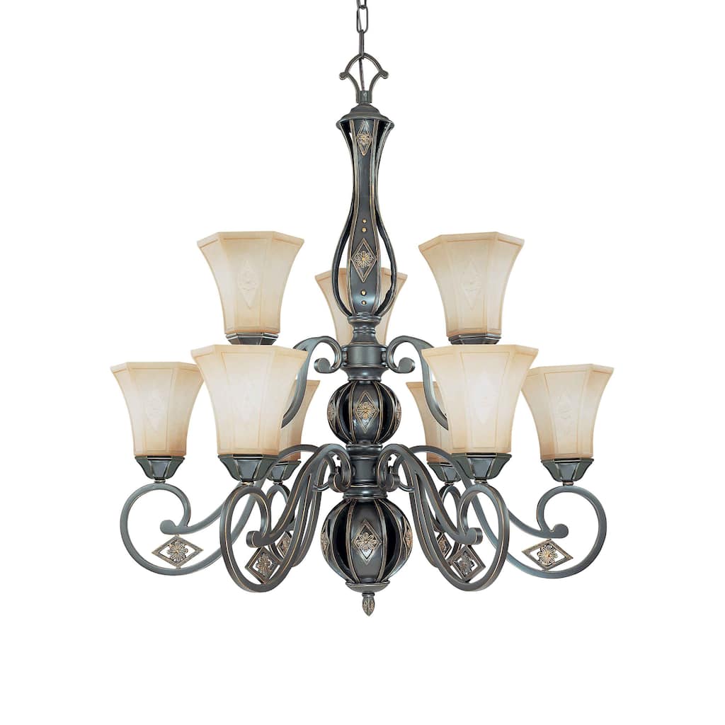 Brussells 9 Light 2 Tier Chandelier Belgium Bronze with Fresco Glass