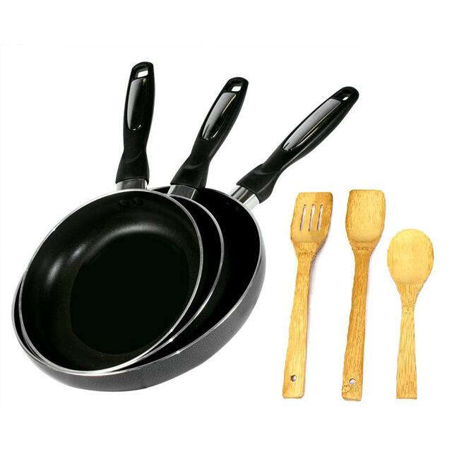 Alpine Cuisine 3-piece Gourmet Aluminum Fry Pan Set with Bonus Bamboo Tools