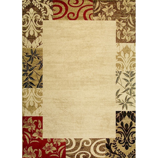 Patchwork Damask Border Beige Rug (93 x 126)