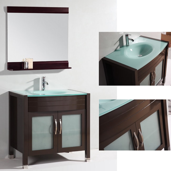 Glass Top 36 inch Single Sink Bathroom Vanity With Matching Mirror