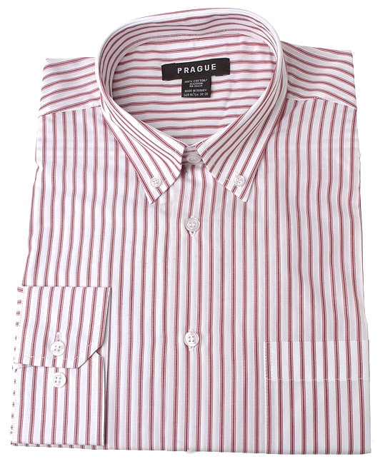 Prague Men's Burgundy and White Stripe Button Down Dress Shirt Free