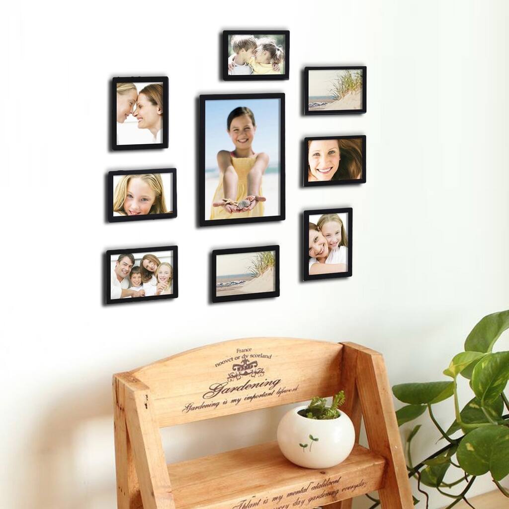 Adeco Decorative Black Wood 10-piece Photo Frame Set for 8 - 4 x 6-inch, 1 - 6 x 8-inch, and 1 - 8 x 12-inch Pictures