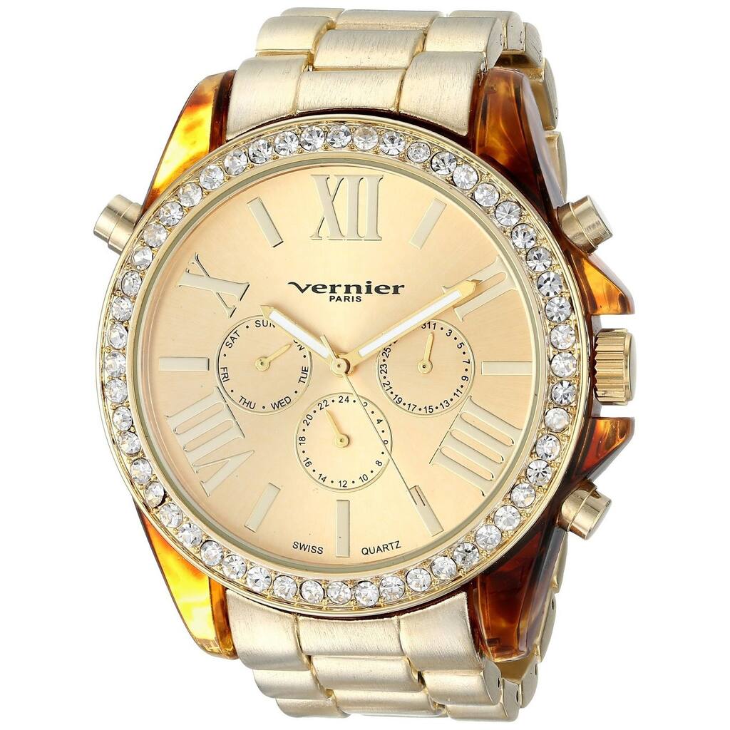 Vernier Paris Women's Swiss Multi-function Boyfriend Size Matte Finsh Tortoise Enamel Bezel Watch