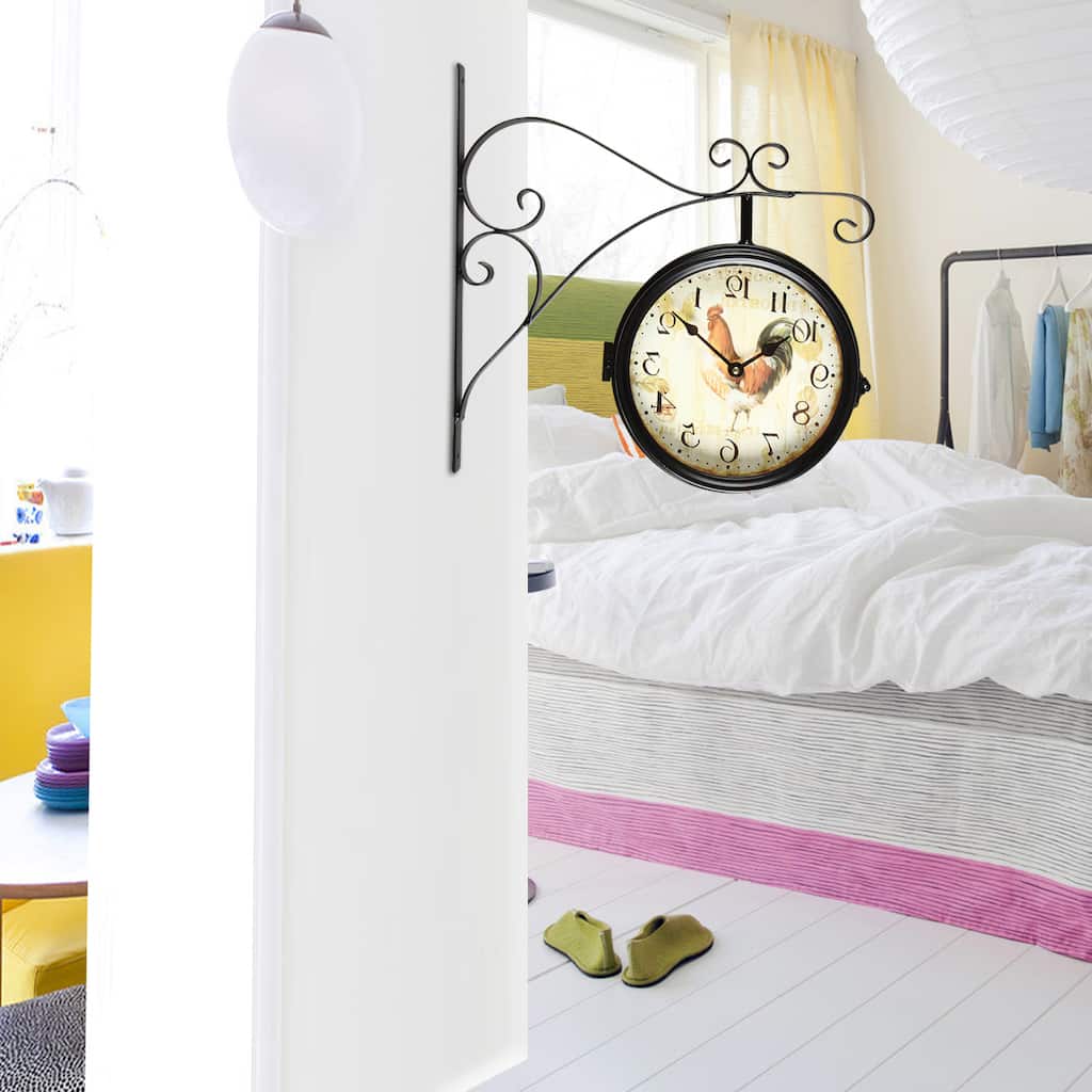 Adeco Vintage-Inspired Round Rooster Double-Sided Iron Wall Clock and Scroll Wall Mount