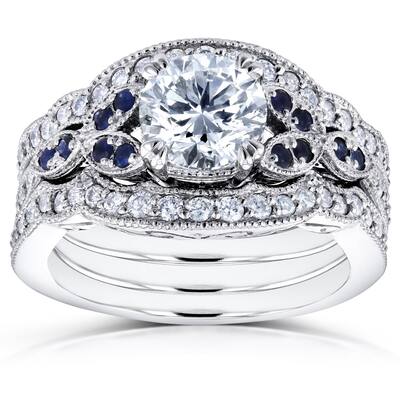 Annello by Kobelli 14k White Gold 1 1/2ct TDW Diamond and Blue Sapphire Vintage Floral 3-Piece Bridal Set (H-I,