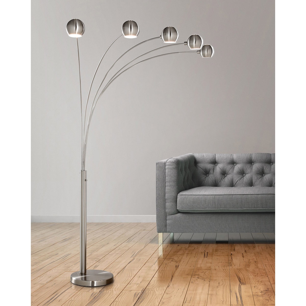 ORBS 5 Lite Dimmable LED Arch Floor Lamp with LED bulbs - Brushed Nickel