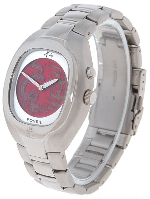 Fossil Mens Red Dragon/Flame Dial Stainless Steel Watch   