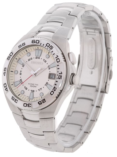 Seiko Mens Sport Tech 100M Kinetic White Dial Stainless Steel Watch 