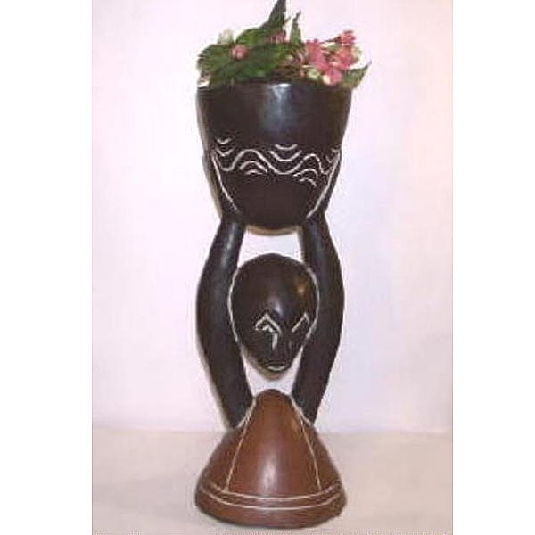 African Wood carved Medium Flower Pot (Ghana)  