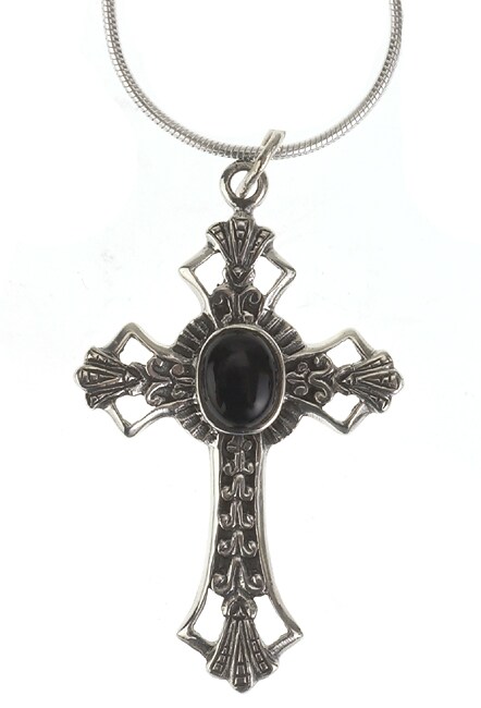   Essentials Sterling Silver 24 inch Black Onyx Cross Pendant Necklace