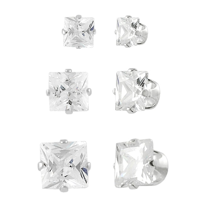 Sterling Silver CZ Princess Cut Stud Earring Set (3 Pair)   