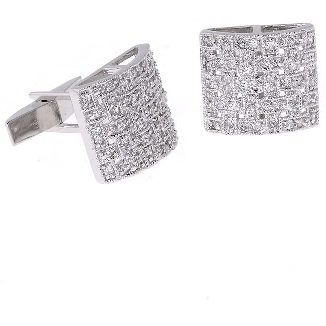   Rhodium plated Sterling Silver Woven CZ Cuff Links  